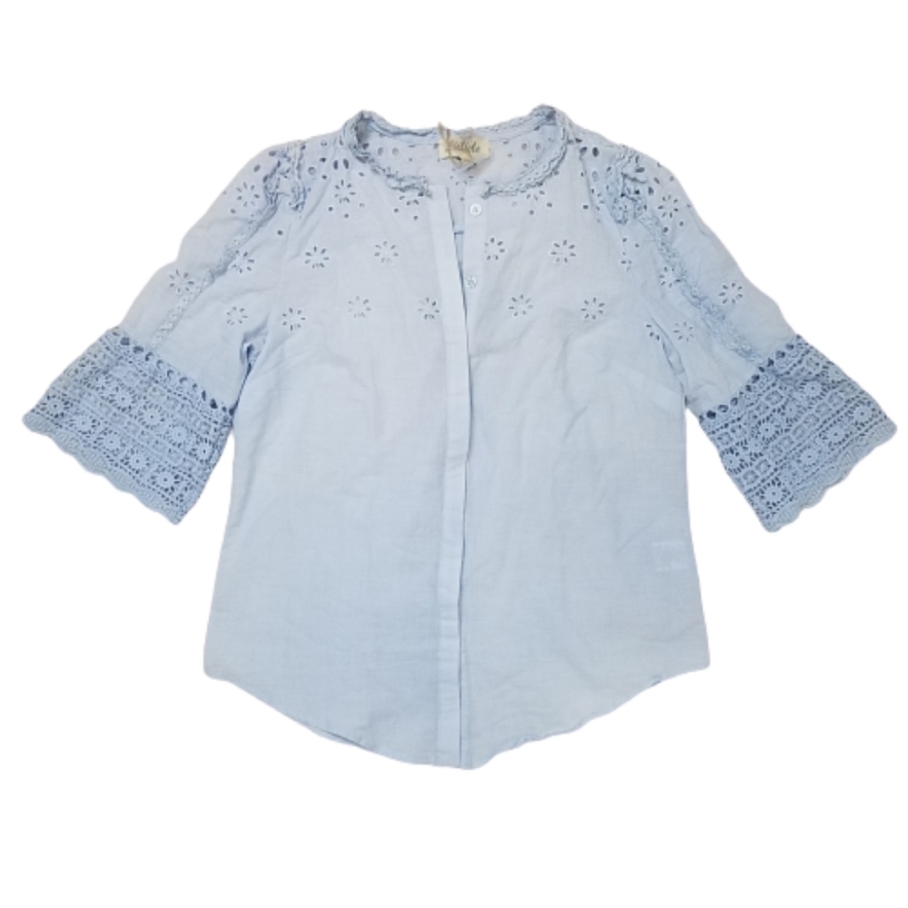Listicle Boutique 3/4 Sleeve Floral Eyelet Crochet Lace Button Down Top Blouse - Picture 2 of 4